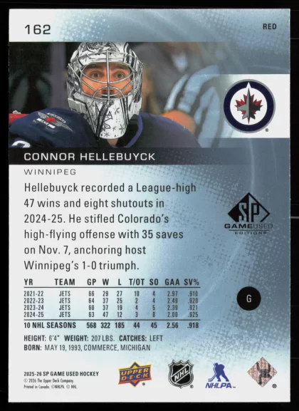 2025 2025-26 SP Game Used Connor Hellebuyck Hockey card — Back thumbnail
