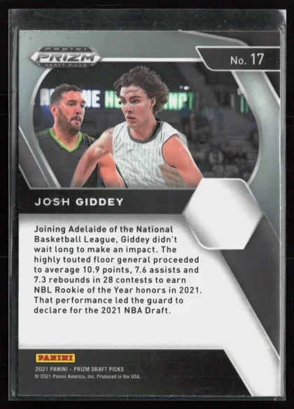 2021 2021 Panini Prizm Draft Picks Josh Giddey Basketball card — Back thumbnail