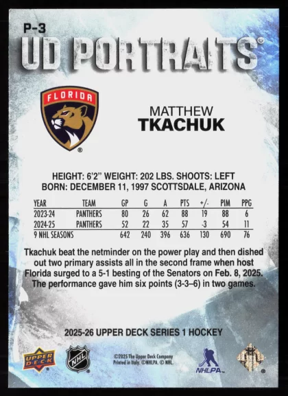 2025 2025-26 Upper Deck Matthew Tkachuk Hockey card — Back thumbnail