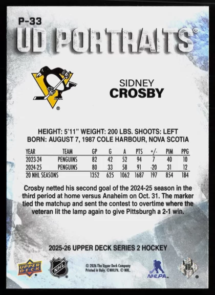 2025 2025-26 Upper Deck Sidney Crosby Hockey card — Back thumbnail
