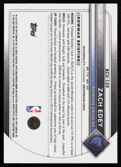 2025 2025-26 Bowman Zach Edey Basketball card — Back thumbnail