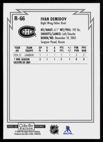 2025 2025-26 O-Pee-Chee Platinum Ivan Demidov Hockey card — Back thumbnail