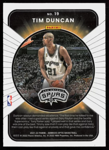 2021 2021-22 Donruss Optic Tim Duncan Basketball card — Back thumbnail