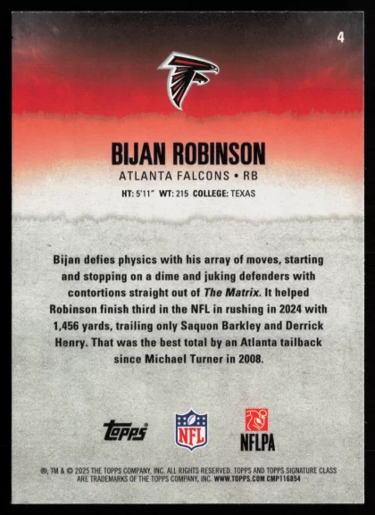 2025 2025 Topps Signature Class Bijan Robinson Football card — Back thumbnail