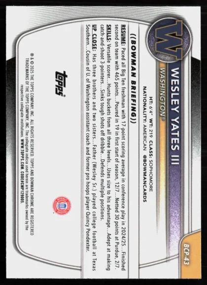 2025 2025-26 Bowman Wesley Yates III Basketball card — Back thumbnail
