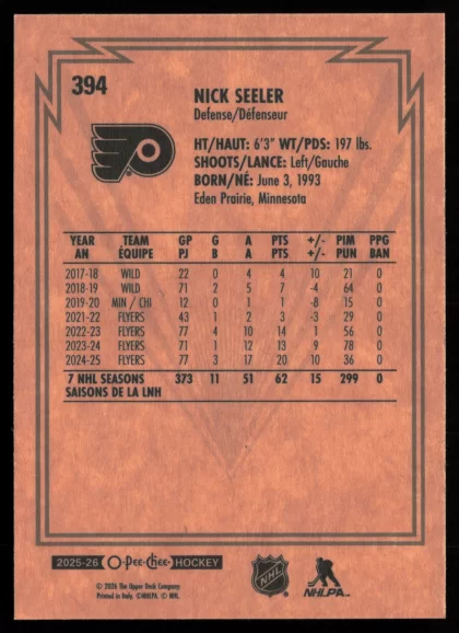 2025 2025-26 O-Pee-Chee Nick Seeler Hockey card — Back thumbnail