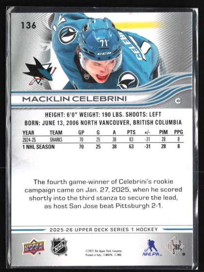 2025 2025-26 Upper Deck Macklin Celebrini Hockey card — Back thumbnail