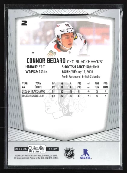 2024 2024-25 O-Pee-Chee Platinum Connor Bedard Hockey card — Back thumbnail
