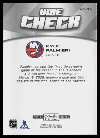 2025 2025-26 O-Pee-Chee Platinum Kyle Palmieri Hockey card — Back thumbnail