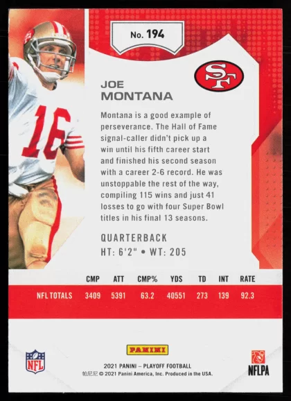 2021 2021 Panini Playoff Joe Montana Football card — Back thumbnail