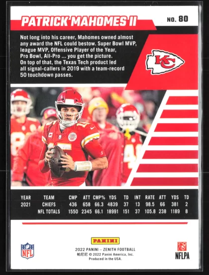 2022 2022 Zenith Patrick Mahomes II Football card — Back thumbnail