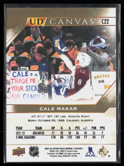 2022 2022-23 Upper Deck Cale Makar Hockey card — Back thumbnail