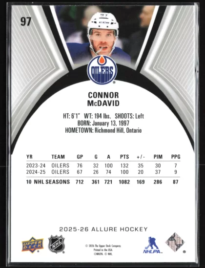 2025 2025-26 Upper Deck Allure Connor McDavid Hockey card — Back thumbnail