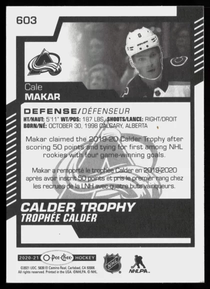 2020 2020-21 Upper Deck Cale Makar Hockey card — Back thumbnail