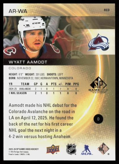2025 2025-26 SP Game Used Wyatt Aamodt Hockey card — Back thumbnail