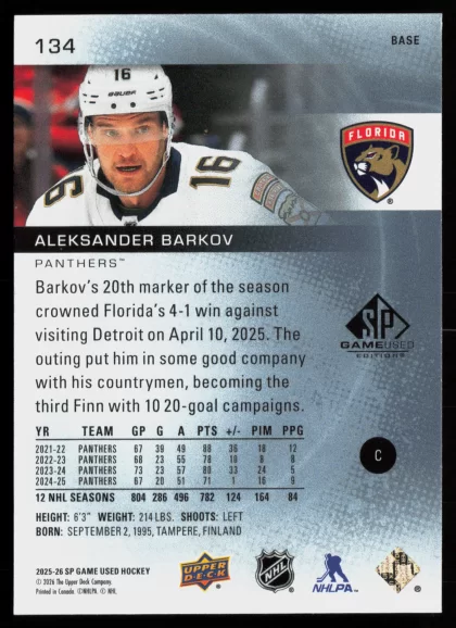 2025 2025-26 SP Game Used Aleksander Barkov Hockey card — Back thumbnail