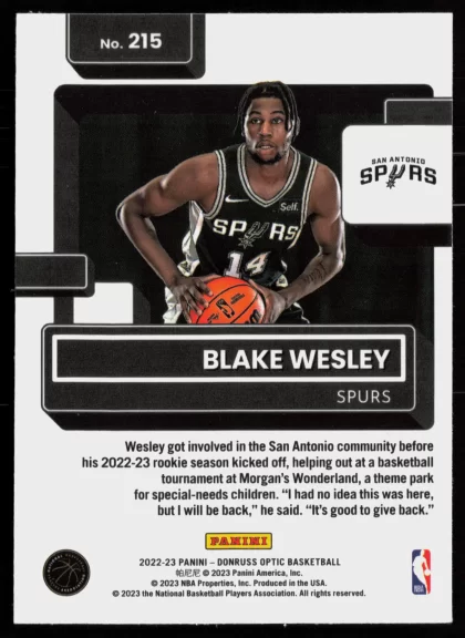 2022 2022-23 Donruss Optic Blake Wesley Basketball card — Back thumbnail