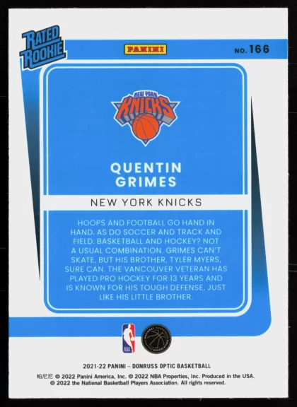 2021 2021-22 Donruss Optic Quentin Grimes Basketball card — Back thumbnail