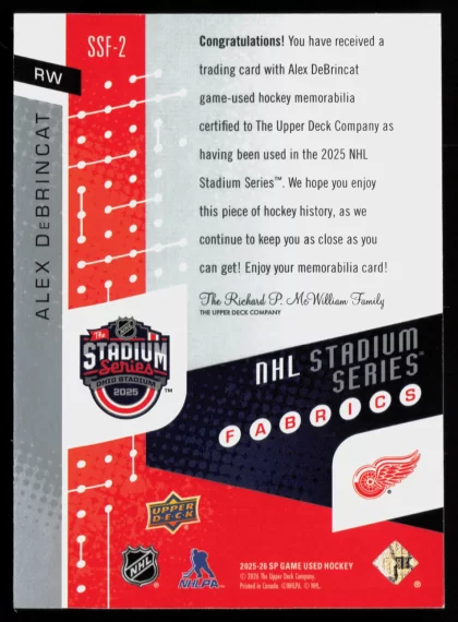 2025 2025-26 SP Game Used Lucas Raymond Hockey card — Back thumbnail