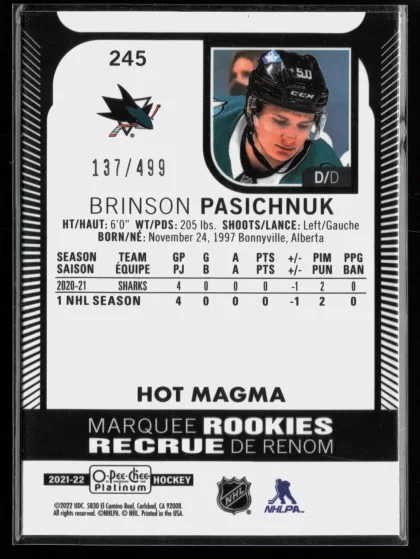 2021 2021-22 O-Pee-Chee Platinum Brinson Pasichnuk Hockey card — Back thumbnail
