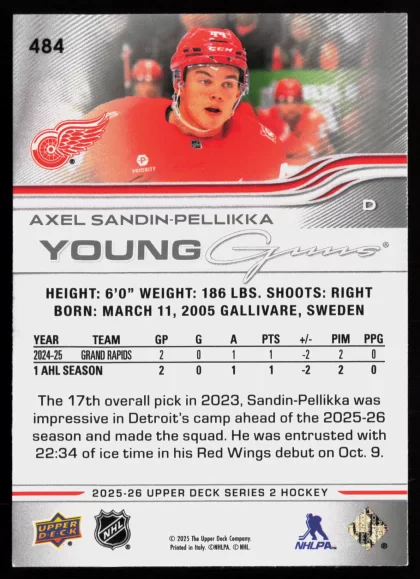 2025 2025-26 Upper Deck Axel Sandin-Pellikka Hockey card — Back thumbnail