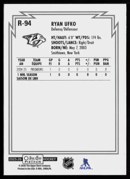 2025 2025-26 O-Pee-Chee Platinum Ryan Ufko Hockey card — Back thumbnail