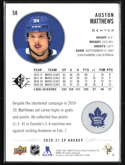 2020 2020-21 SP Authentic Auston Matthews Hockey card — Back thumbnail