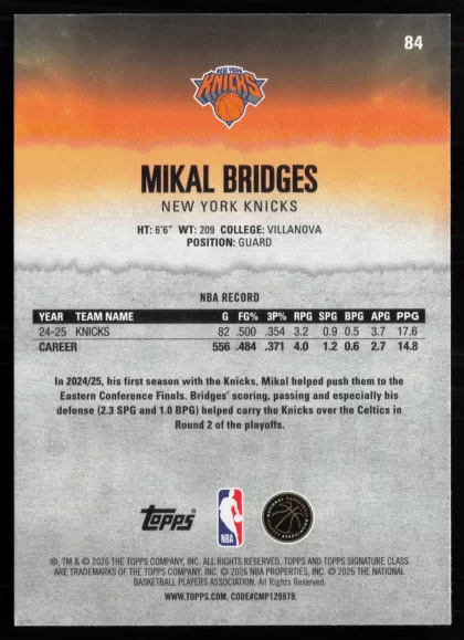 2025 2025-26 Topps Signature Class Mikal Bridges Basketball card — Back thumbnail