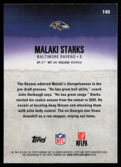 2025 2025 Topps Signature Class Malaki Starks Football card — Back thumbnail