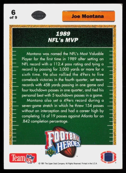 1991 1991 Upper Deck Joe Montana Football card — Back thumbnail