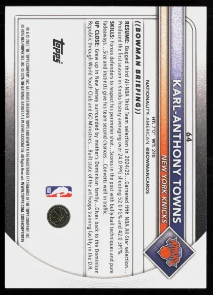 2025 2025-26 Bowman Karl-Anthony Towns Basketball card — Back thumbnail