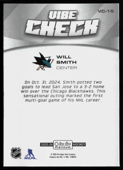 2025 2025-26 O-Pee-Chee Platinum Will Smith Hockey card — Back thumbnail