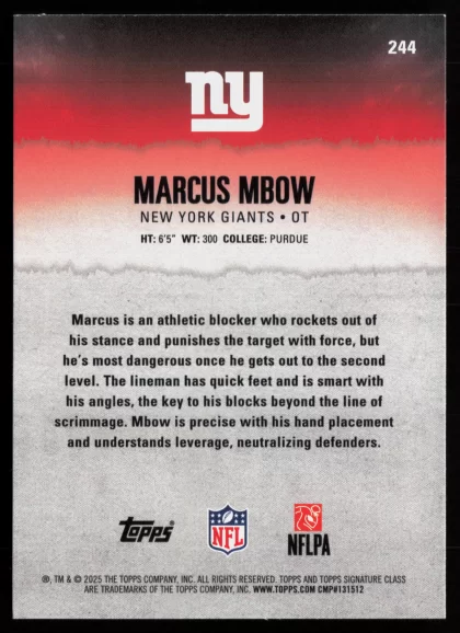 2025 2025 Topps Signature Class Marcus Mbow Football card — Back thumbnail