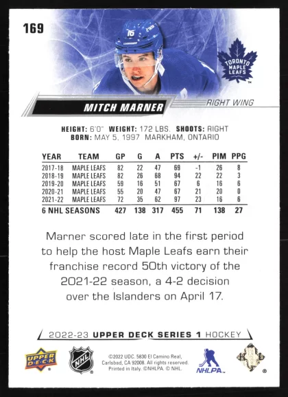 2022 2022-23 Upper Deck Mitch Marner Hockey card — Back thumbnail
