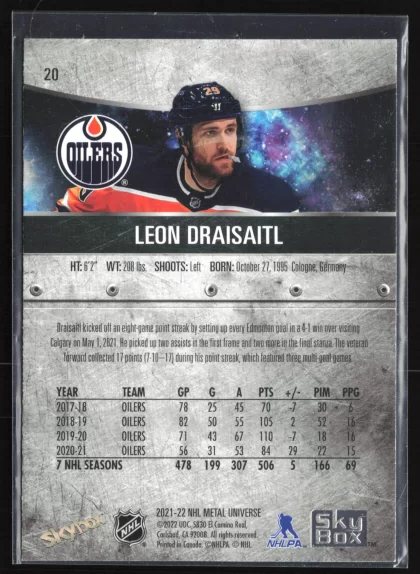 2021 2021-22 SkyBox Metal Universe Leon Draisaitl Hockey card — Back thumbnail