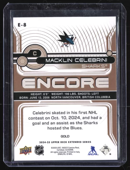 2024 2024-25 Upper Deck Macklin Celebrini Hockey card — Back thumbnail