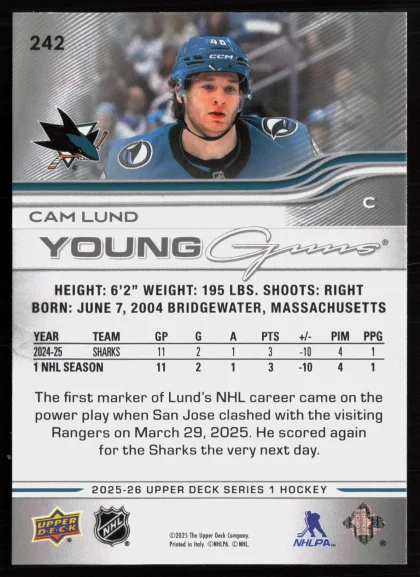 2025 2025-26 Upper Deck Cam Lund Hockey card — Back thumbnail