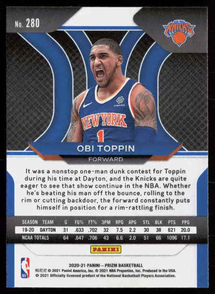 2020 2020-21 Panini Prizm Obi Toppin Basketball card — Back thumbnail