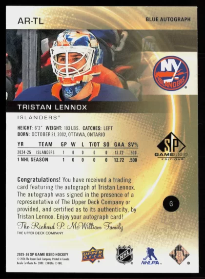 2025 2025-26 SP Game Used Tristan Lennox Hockey card — Back thumbnail