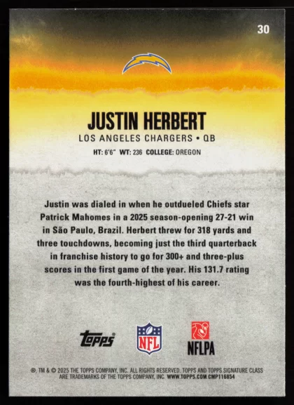 2025 2025 Topps Signature Class Justin Herbert Football card — Back thumbnail