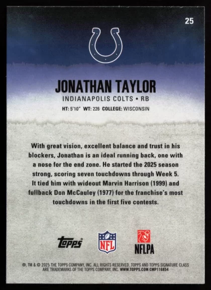2025 2025 Topps Signature Class Jonathan Taylor Football card — Back thumbnail