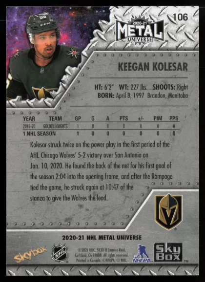2020 2020-21 SkyBox Metal Universe Keegan Kolesar Hockey card — Back thumbnail