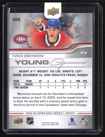 2025 2025-26 Upper Deck Ivan Demidov Hockey card — Back thumbnail