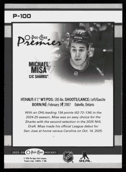 2025 2025-26 O-Pee-Chee Michael Misa Hockey card — Back thumbnail