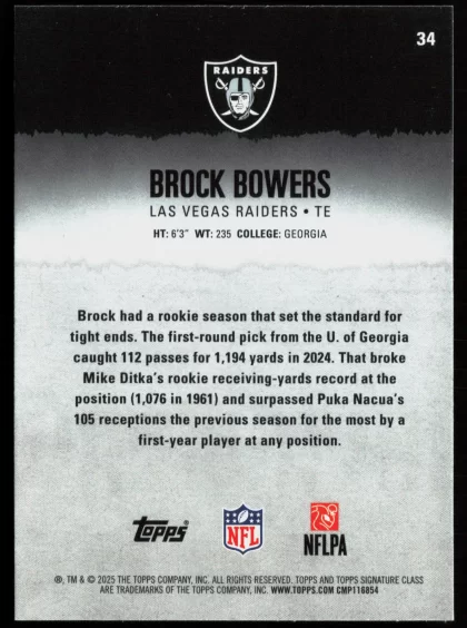 2025 2025 Topps Signature Class Brock Bowers Football card — Back thumbnail