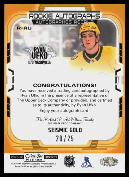 2025 2025-26 O-Pee-Chee Platinum Ryan Ufko Hockey card — Back thumbnail