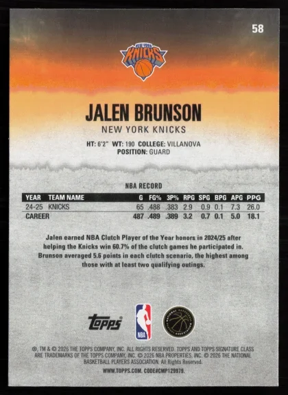 2025 2025-26 Topps Signature Class Jalen Brunson Basketball card — Back thumbnail
