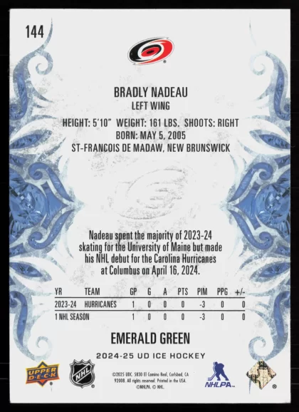2024 2024-25 Upper Deck Ice Bradly Nadeau Hockey card — Back thumbnail