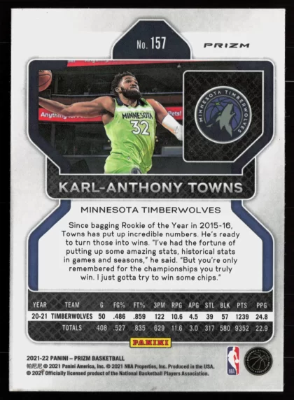 2021 2021-22 Panini Prizm Karl-Anthony Towns Basketball card — Back thumbnail