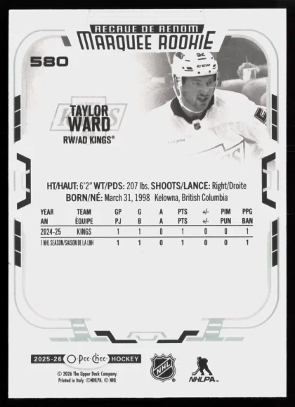 2025 2025-26 O-Pee-Chee Taylor Ward Hockey card — Back thumbnail